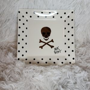 Betsey Johnson XOX Gold Black Square Plate Skull and Crossbones Polka Dot Dish